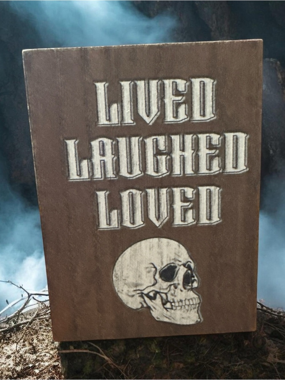 Lived Laughed Loved Brown Wall Sign with Skull